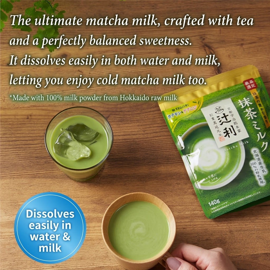 Tsujiri Matcha Milk 140g | Made with Uji Matcha, Rich Flavor, Authentic Japanese-Style Cafe Sweets, Versatile Powder for Beverages, Japanese Souvenir