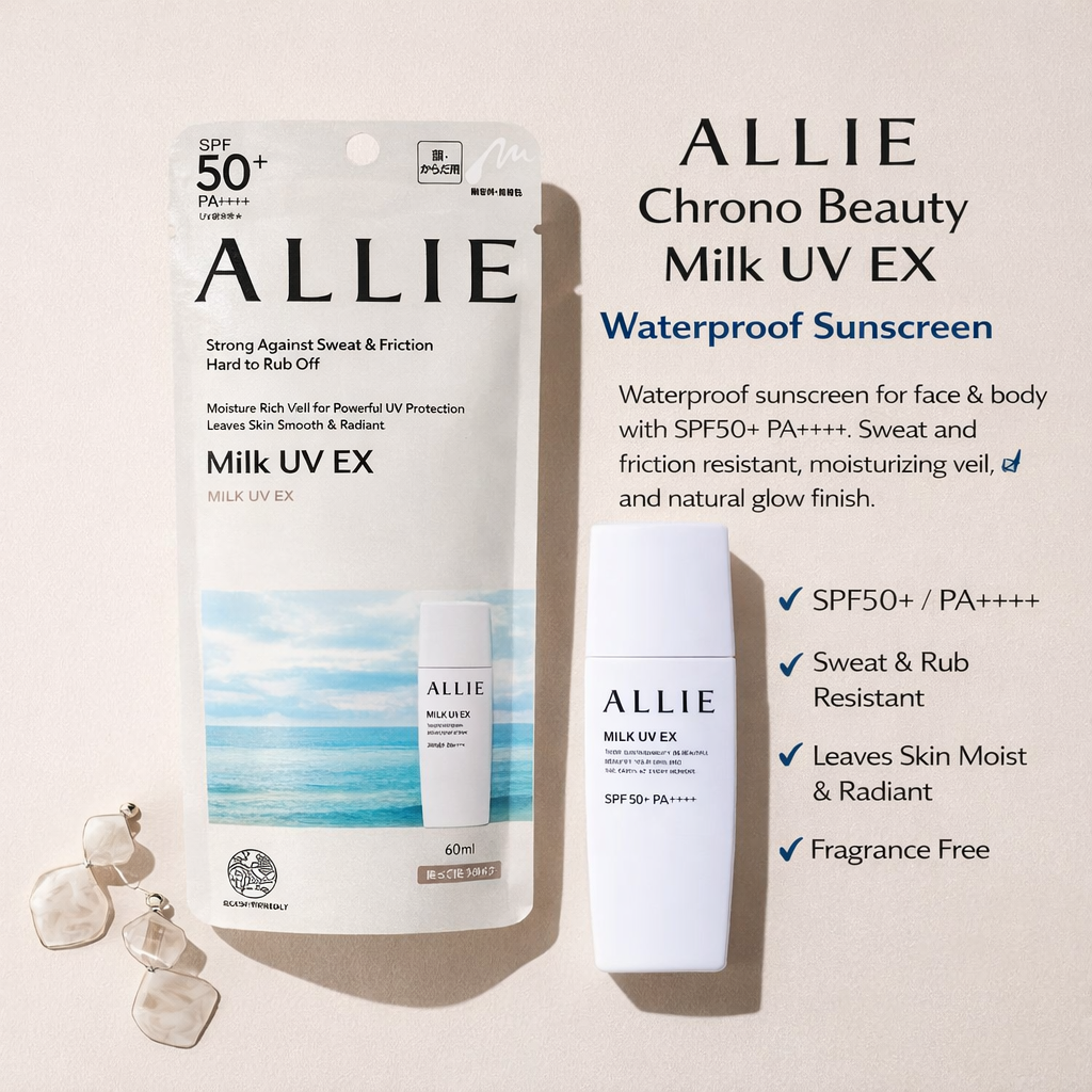 ALLIE アリィー クロノビューティ ミルクUV EX SPF50+ PA++++ 60ml｜顔・からだ用 日焼け止めミルク ウォータープルーフ 無香料 UV耐水性 ツヤ肌 保湿 UVミルク