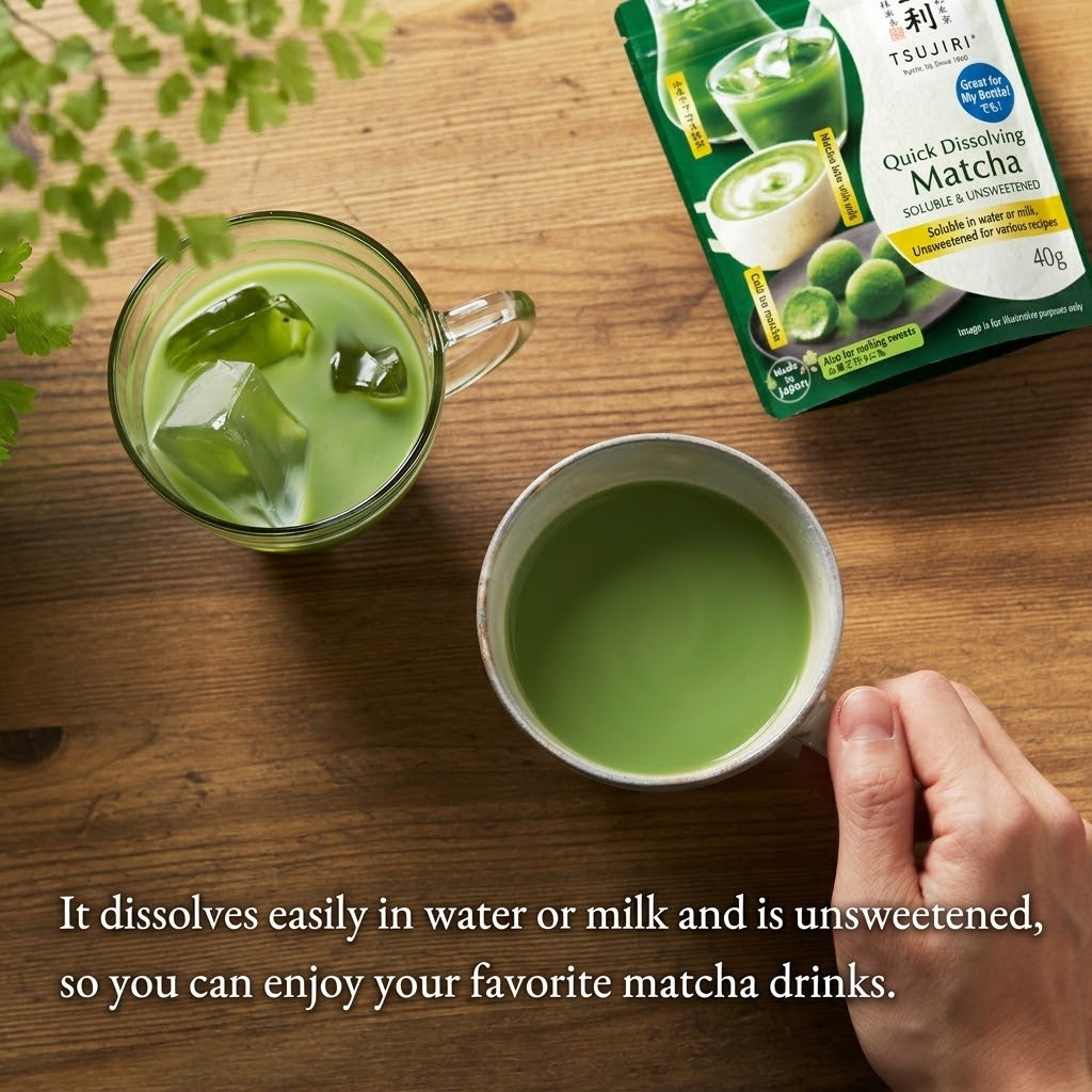 Tsujiri Smooth-Dissolving Matcha 30g | Easy to Mix, Lump-Free, Just Add Water, Cold Water, or Milk, Domestic Uji Matcha for Cooking, Sweets, and Recipes, Unsweetened