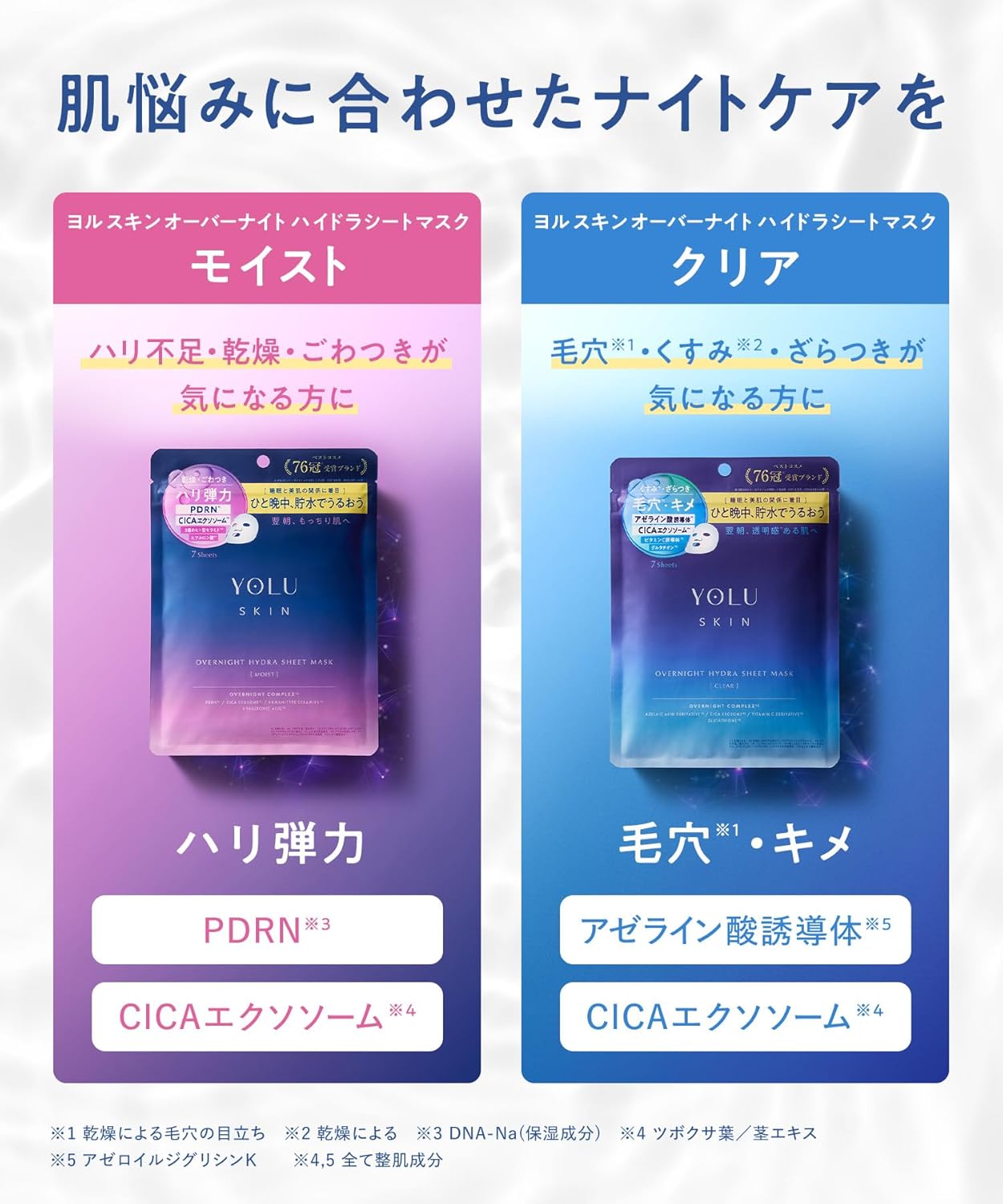 YOLU ヨル スキン オーバーナイト ハイドラシートマスク クリア 7枚入り｜夜用美容マスク 集中保湿 透明感 毛穴ケア キメ肌 フェイスマスク ナイトパック