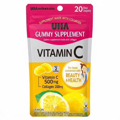 UHA Mikakuto Gummy Supplement Vitamin C Lemon Flavor, 20-day supply (40 gummies), 2 gummies daily, 500mg Vitamin C per 2 gummies, contains collagen, for beauty and health, gummy type.