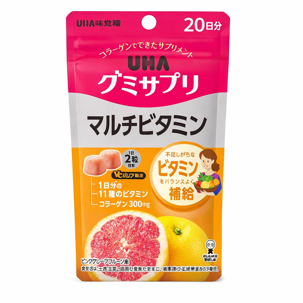 UHA味覚糖 グミサプリ マルチビタミン 2粒で11種のビタミン配合 20日分 40粒 ピンクグレープフルーツ味 栄養補給 グミタイプ