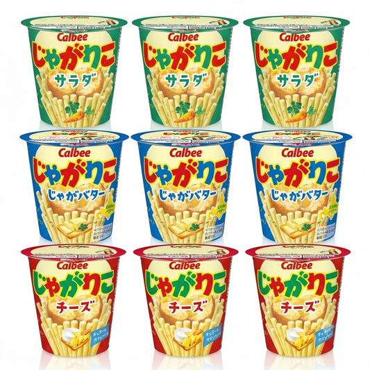Calbee Jagariko Standard Assortment of 3 Flavors, 9-Pack (Salad, Cheese, Jagabutter - 3 of each) | Bulk Purchase Japanese Snacks