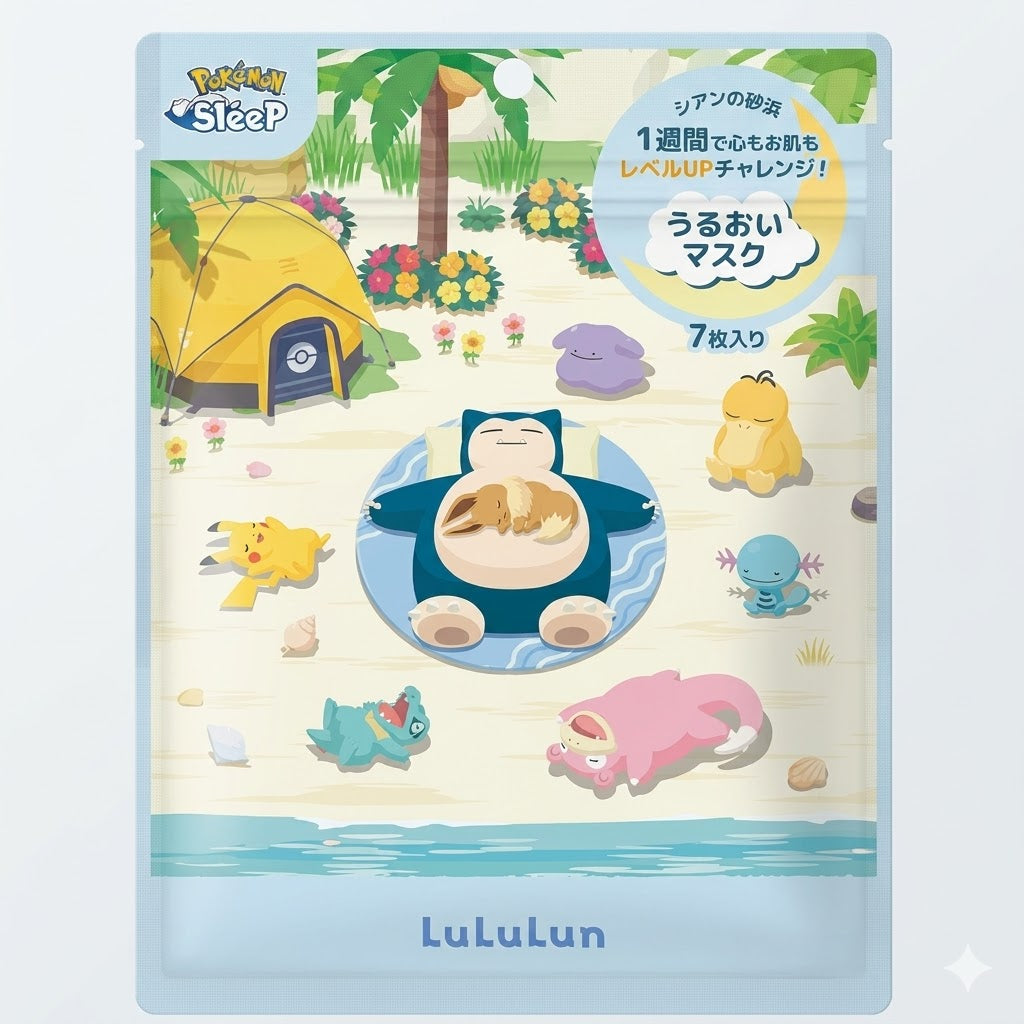 Lululun ルルルン ポケモンスリープデザイン フェイスマスク 7枚入｜シアンの砂浜の香り 保湿シートマスク うるおいタイプ 毛穴ケア 日本限定